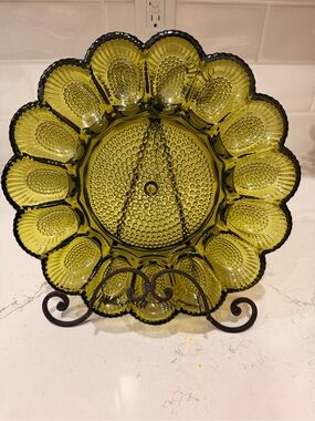 Vintage Indiana Glass Olive Green Hobnail Deviled Egg Dish Tray MCM 15 Egg